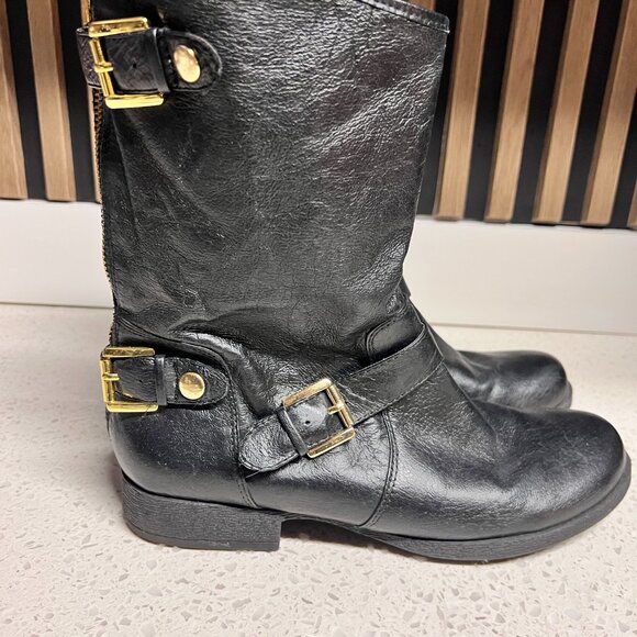 Steve Madden Enngage Black Leather Mid Calf Boots Moto Style Gold Women's Size 8 - Picture 3 of 16